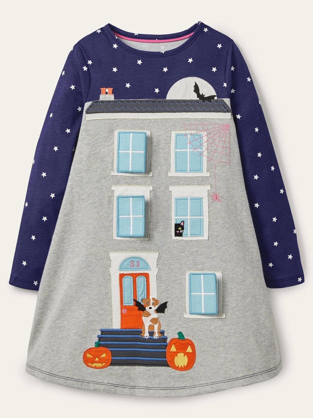 Bode Girls Halloween House Appliqué Dress - Gray & Navy
